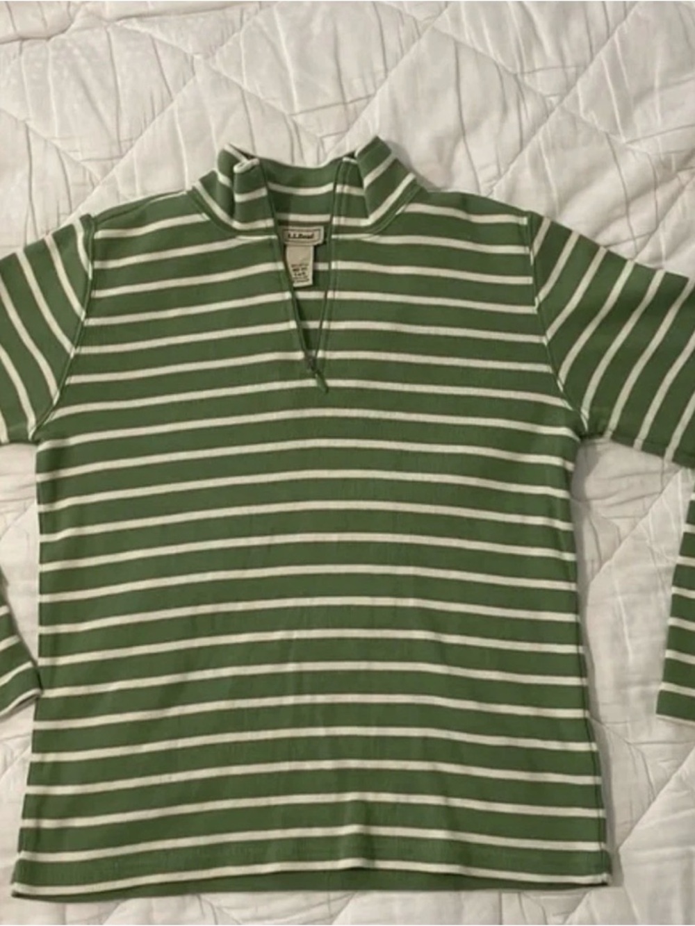 L.L.Bean Green and White Striped Zip Mock-Neck Pullover